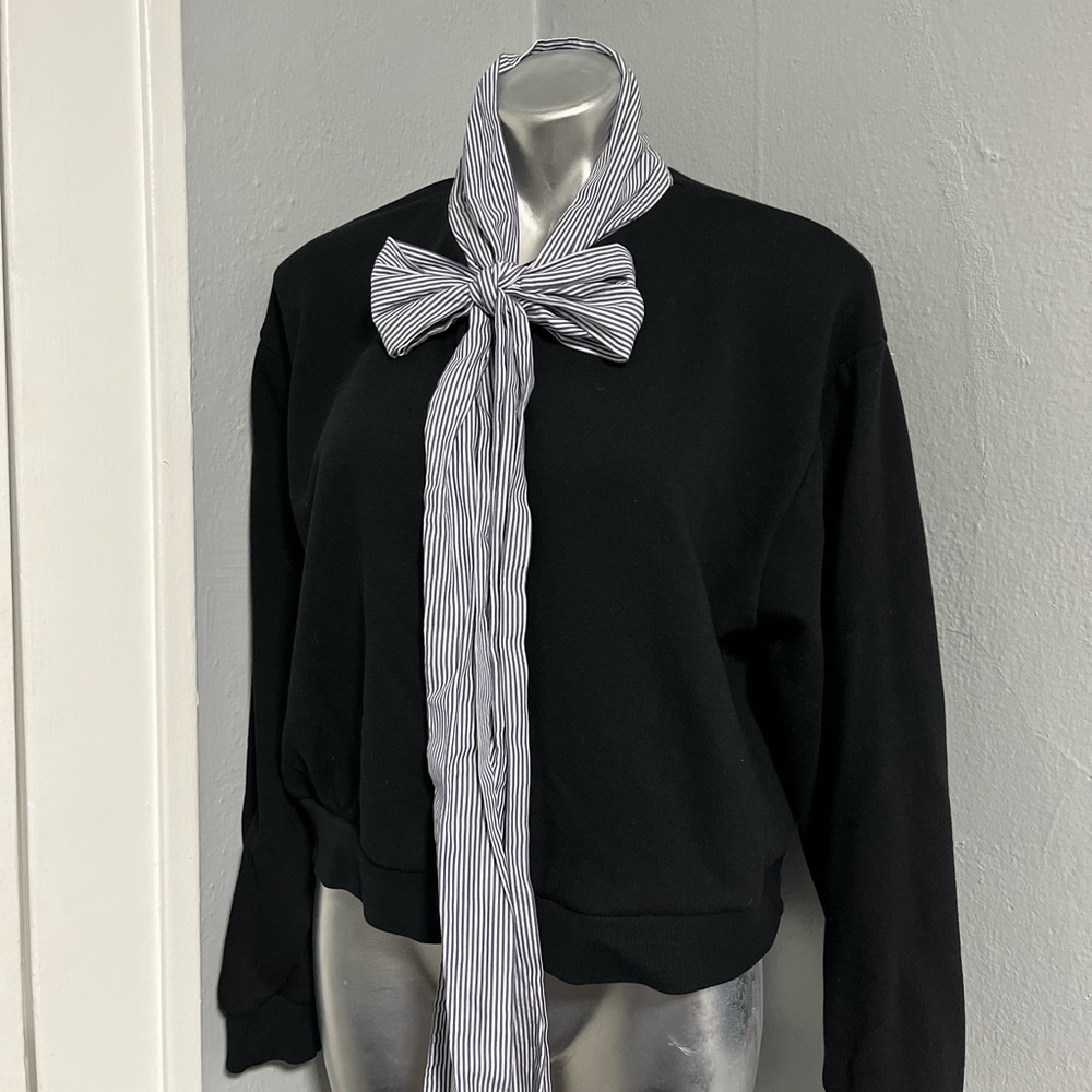 Zara Black contrast striped neck Tie Sweater